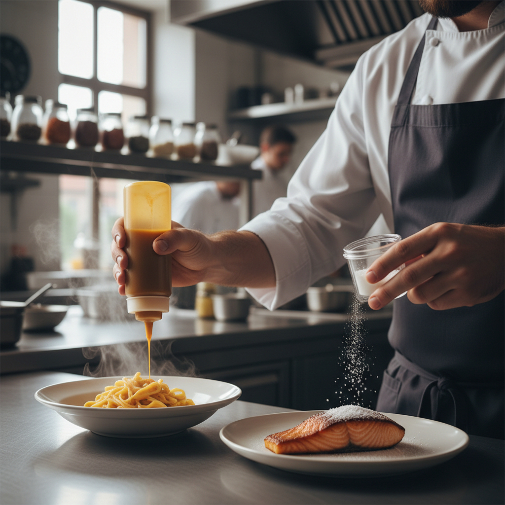 A chef carefully adding sauces and seasonings, showcasing the hidden ingredients in restaurant food prepared behind kitchen doors