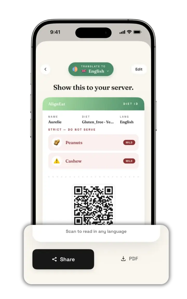 AlignEat dietary ID — set your allergies and diets once