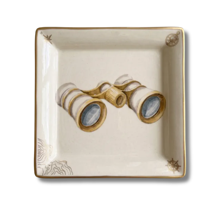 Square ceramic dish painted with a pair of opera binoculars